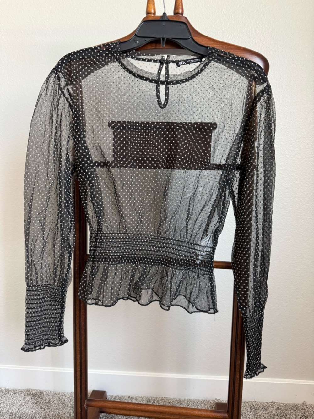 Zara Sheer Polka Dot Mesh Blouse Black Sheer Top Smocked Waist Size S